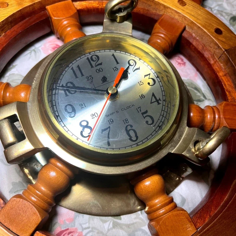 Vintage Nautical Ship Wheel Wall Clock Solid Brass Wood Porthole Untested 18.5in